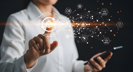 Businesswoman interacting with digital network, managing data flow and global connections for modern enterprise success