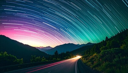 星空 星の軌跡 タイムラプス 夜空 天体観測 星景写真 長時間露光 山 湖 水面 反射 幻想的 神秘的 美しい 宇宙 青 ピンク 紫 自然 壮大 風景