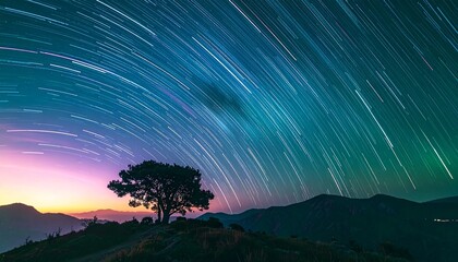 星空 星の軌跡 タイムラプス 夜空 天体観測 星景写真 長時間露光 山 湖 水面 反射 幻想的 神秘的 美しい 宇宙 青 ピンク 紫 自然 壮大 風景