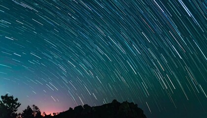 星空 星の軌跡 タイムラプス 夜空 天体観測 星景写真 長時間露光 流れ星 山 稜線 シルエット 神秘的 美しい 宇宙 緑 青 輝き 夜 幻想的 自然
