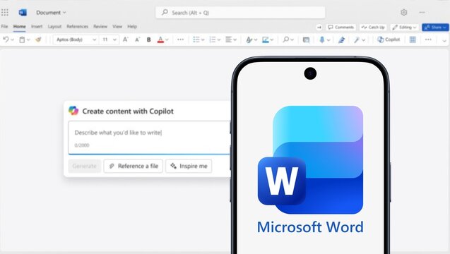 Microsoft Word Logo is displayed on a modern smartphone, application with Copilot and artificial intelligence integration behind it, new 2025 logo, word processor, editing, dictionary, templates, list