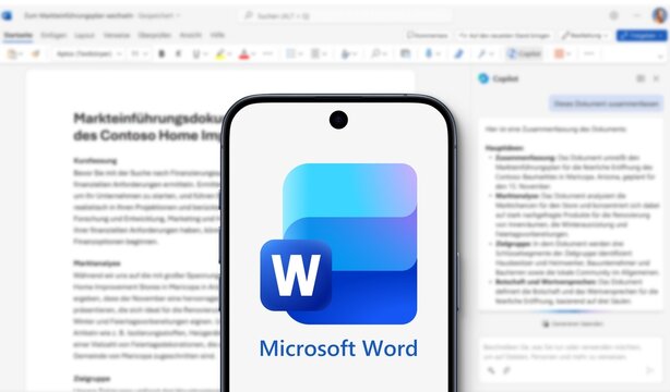 New Microsoft Word Logo is displayed on a modern smartphone, application with typed text behind it, 2025, word processor, editing, dictionary, templates, layout, lists