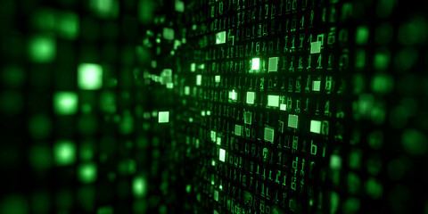 Green digital matrix with glowing binary code and pixelated abstract background in tech style
