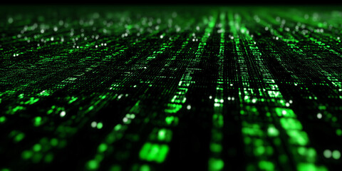 Streaming green matrix code in a futuristic digital perspective with illuminated data lines
