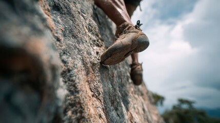 Rock climber feet on rock face