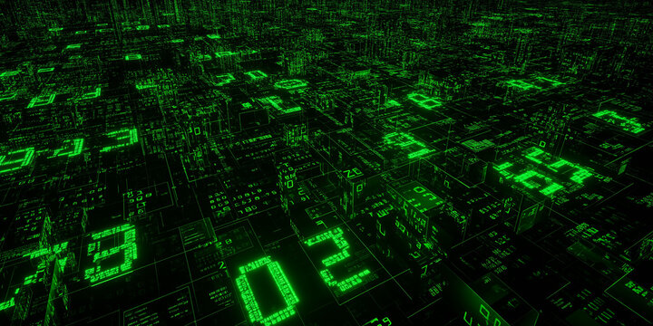 Glowing green digital numbers displayed in a virtual grid across a futuristic tech landscape
 - Powered by Adobe