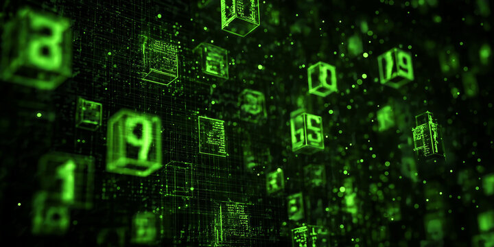 Floating green digital numbers in 3D cyberspace grid creating a futuristic matrix-style environment
