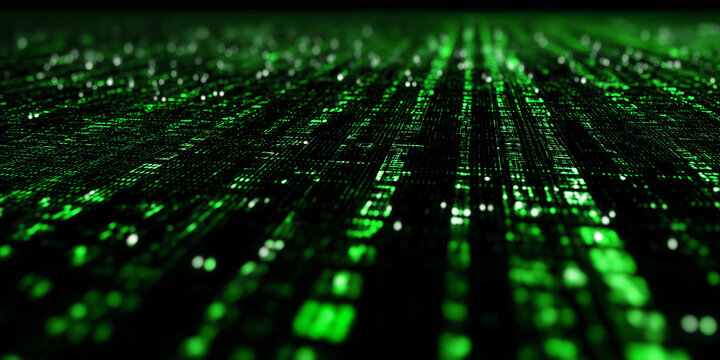Streaming green matrix code in a futuristic digital perspective with illuminated data lines
