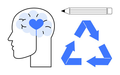 Head with brain and heart icon, pencil, and recycling triangle. Ideal for creativity, love, sustainability, eco-consciousness, personal growth education mental health. A simple flat metaphor