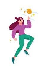 Illustration of a girl in green pants and holding a coin. Vector. The girl points at the gold coin. A mascot and character for design projects. An illustration on finance and lifestyle.