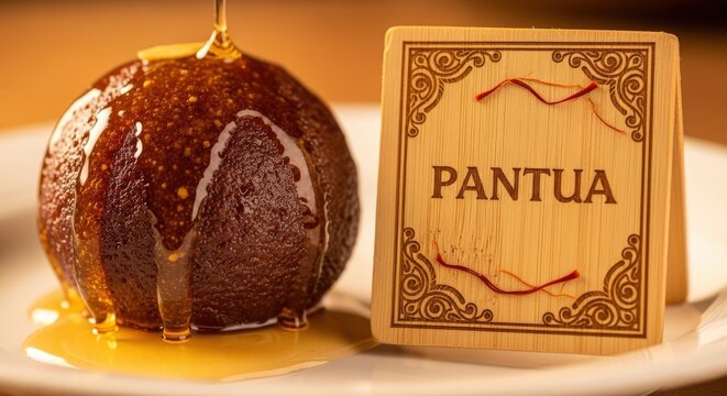 Pantua with Syrup Drip &ndash; Bamboo Plaque with Milk Swirl & Saffron Thread Motifs | Celebratory Bengali Sweet