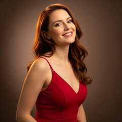 Fototapeta premium A captivating studio portrait of a gorgeous smiling redhead woman in a sophisticated red dress, radiating pure confidence and charm on a warm background