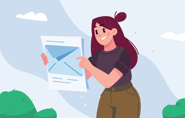 Illustration of a girl in a gray T-shirt, holding an envelope and a letter, expressing joy and surprise. An illustration for communication topics, news, and digital correspondence. A character, a masc