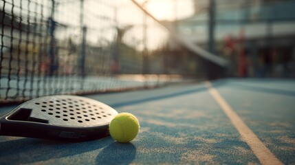 padel racket next to the ball on a padel court