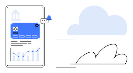Mobile interface displaying financial dashboard with charts and notifications beside cloud. Ideal for finance, analytics, cloud storage, banking, technology, business, data management. Simple flat
