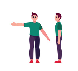Illustration of a man in various poses in a green T-shirt and dark jeans, shown in front and in profile. It is suitable for creating characters, animations, games, infographics and design projects.