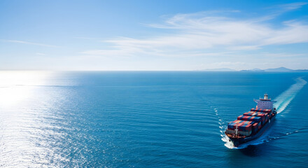 Majestic cargo ship navigates vast ocean expanse under clear blue sky, symbolizing global trade and logistics.