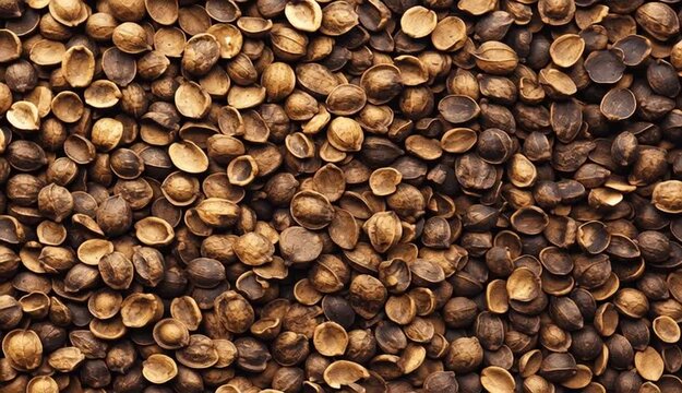 Heap of nutmeg seeds as background, top view