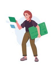 A young girl holds a huge bank card and looks at the interfaces. The image of financial technology and digital payments. The concept of payment, finance, and online shopping. Banking services.