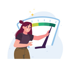 The girl stands at the speedometer and measures the speed. Measuring the speed of the Internet or other devices. Illustration for design projects, website and printing, mockup design, as well as banne
