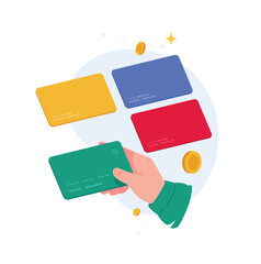 An illustration of a hand in a green sleeve holding a bank card, against the background of three other multicolored cards and gold coins. An image for the website and printing industry. The concept of