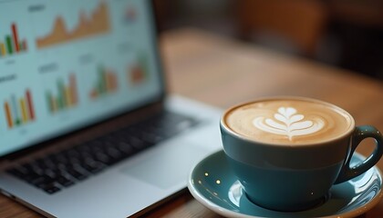 Laptop with financial charts and a steaming cup of latte art coffee