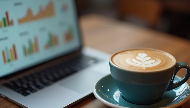 Laptop with financial charts and a steaming cup of latte art coffee