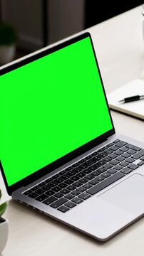 Green Screen Technology with closeup shoot of the laptop on desk in office indoors capturing workplace organization distortion, overlay, glitch, static noise, scan lines black background, 4k animated