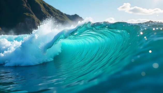 Majestic turquoise ocean wave curling and breaking in the shimmering sunlight with a dramatic coastal background - Powered by Adobe