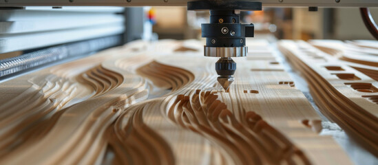 Precise Craftsmanship: A CNC machine meticulously carves intricate designs into a wooden surface, showcasing precision manufacturing and modern technological prowess. 