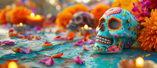 Day of the Dead Celebration: A vibrant and colorful composition captures the essence of Día de Muertos, featuring intricately decorated sugar skulls amidst marigolds, candles, and floral elements.