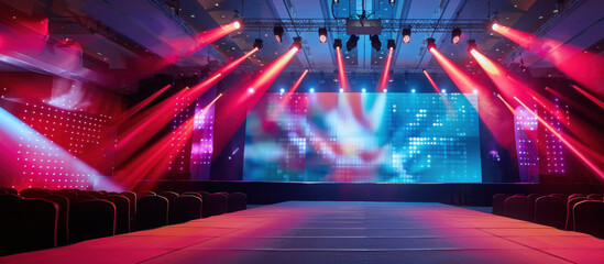 Empty Stage of Anticipation: An expansive stage, illuminated with vibrant red and blue lights, awaits the arrival of a speaker, performer, or presentation.