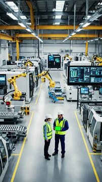 Green Screen industry 4 0 factory chief engineer and project supervisor in safety vests hard hats talk use digital tablet computer with chroma key workshop machinery zoom out scene 1 distortion