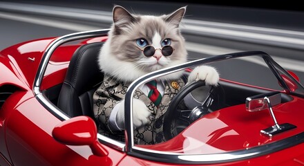 Cool Fluffy Cat Wearing Sunglasses Driving a Red Convertible Sports Car, Humorous Pet Travel Concept With Luxury Lifestyle Vibes