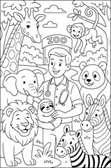 Fototapeta premium hand drawn vector doodle illustration of fairy tale characters in the zoo coloring page for kids line art