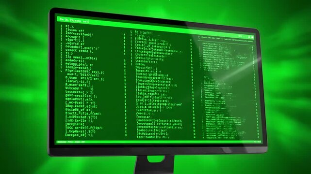 Green Screen abstract computer monitor with moving symbols animation linux terminal commands on black background conept of operating systems and technologies scene 1 distortion, overlay, glitch