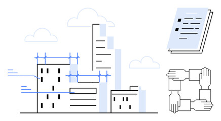 Blueprint-inspired buildings under construction, team collaboration symbolized by interconnected hands, and engineering documents. Ideal for architecture, teamwork, engineering, urban planning