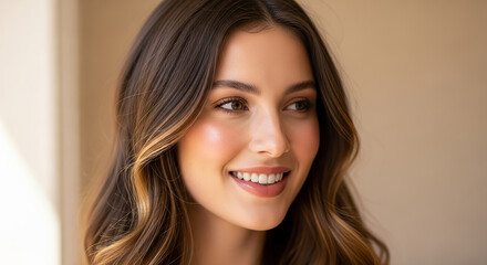Naklejka premium Woman smiling, looking away with natural beauty