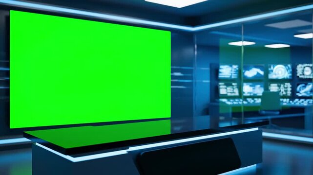 Green Screen tv studio news room background blue newsroom bakground control backdrop for any or chroma key video production blurred of at station loop 3d rendering scene 2 with distortion, overlay