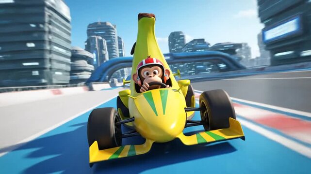 cartoon monkey racecar driver on city track