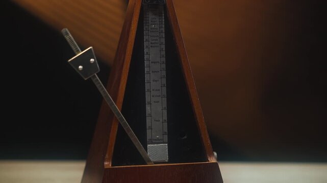 Close up working metronome on dark background with window light. Ticking metronome symbolizing time, rhythm, and balance. Represents the passage of life, discipline, and the heartbeat of creativity. 