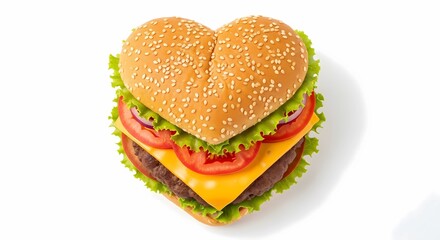 Heart-Shaped Cheeseburger with Lettuce, Tomato, and Cheese on White Background