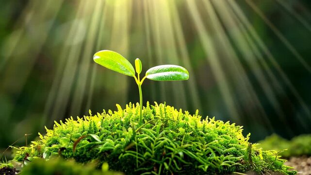 Life's Gentle Emergence: A verdant sprout, symbolizing life's renewal, emerges from the nurturing embrace of a bed of vibrant moss, bathed in the soft glow of sunlight.