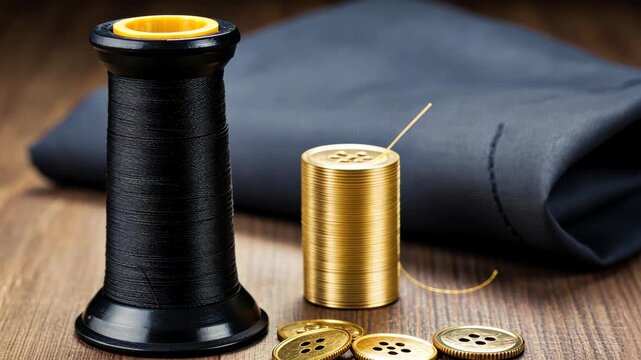 Threads of Craft: A close-up showcases a collection of tailoring essentials, featuring a spool of black thread, a golden thread, a stack of buttons and a neatly folded piece of cloth.