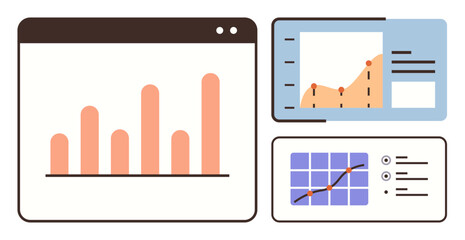Bar graph, line graph, and grid chart showcase analytics and trends in data dashboards. Ideal for business, technology, finance, marketing, research education project management. Simple flat