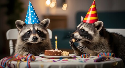 Cute Raccoons Wearing Party Hats Celebrating a Birthday with Cake and Candle