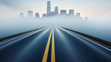 City Road ahead: A modern highway stretches toward a cityscape shrouded in a mysterious fog, The highway symbolizes progress and the journey towards achieving life goals.