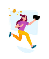 Illustration of a girl in yellow pants and with a bank card. Vector. The girl runs among the coins. A mascot and character for design projects. An illustration on finance and online payment.