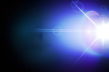 Blue Lens Flare Effect Background, Bright Light Burst on Dark Scene