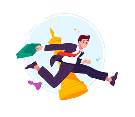 Naklejka premium Illustration of a man in a business suit running with a briefcase. A businessman overcomes chess pieces, symbolizes business strategy, career growth and success in business 